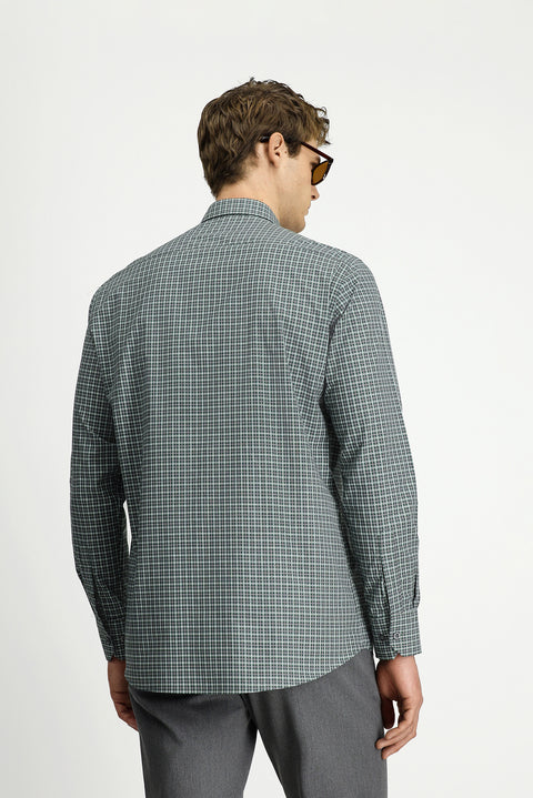 Grass Green Long Sleeve Regular Fit Plaid Button-Down Collar Pocket Cotton Shirt