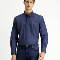 Medium Navy Long Sleeve Regular Fit Plaid Cotton Shirt