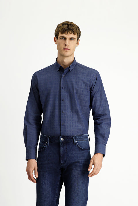 Medium Navy Long Sleeve Regular Fit Plaid Cotton Shirt