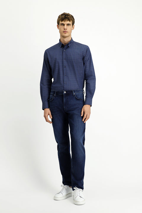 Medium Navy Long Sleeve Regular Fit Plaid Cotton Shirt