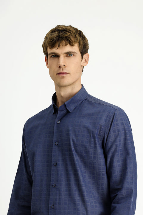 Medium Navy Long Sleeve Regular Fit Plaid Cotton Shirt