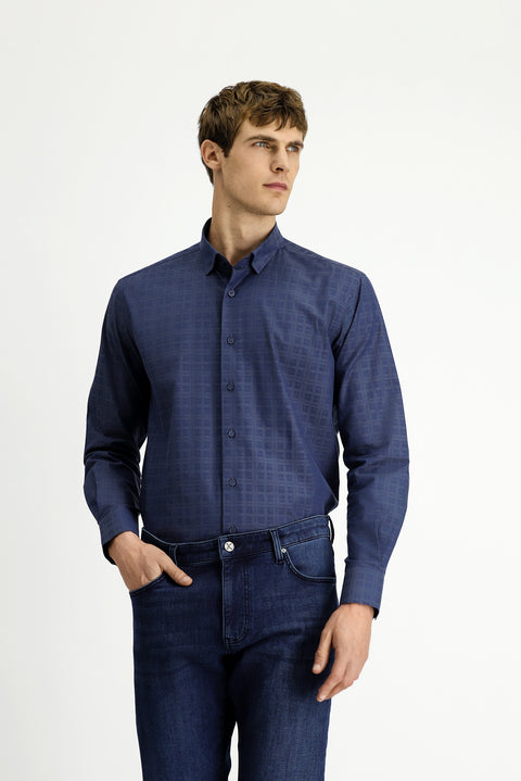 Medium Navy Long Sleeve Regular Fit Plaid Cotton Shirt