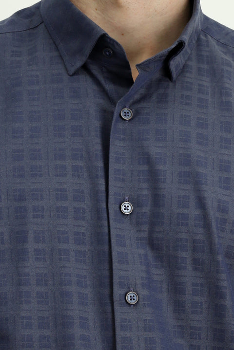 Medium Navy Long Sleeve Regular Fit Plaid Cotton Shirt