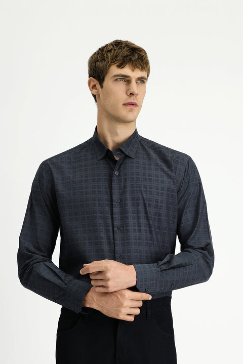 Medium Anthracite Long Sleeve Regular Fit Plaid Cotton Shirt