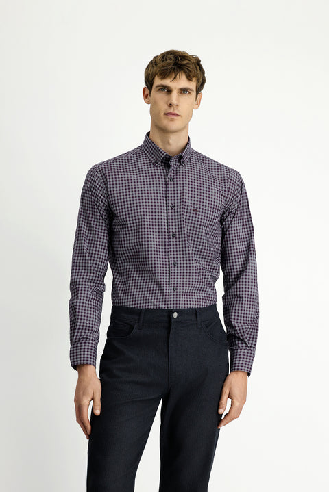Dark Burgundy Long Sleeve Regular Fit Plaid Button-Down Collar Cotton Shirt
