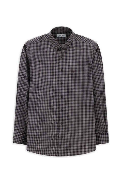 Dark Burgundy Long Sleeve Regular Fit Plaid Button-Down Collar Cotton Shirt