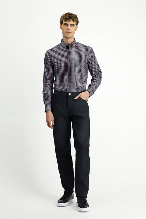 Dark Burgundy Long Sleeve Regular Fit Plaid Button-Down Collar Cotton Shirt