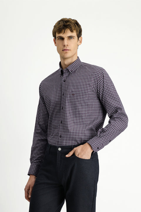 Dark Burgundy Long Sleeve Regular Fit Plaid Button-Down Collar Cotton Shirt