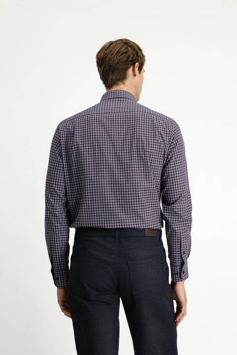 Dark Burgundy Long Sleeve Regular Fit Plaid Button-Down Collar Cotton Shirt