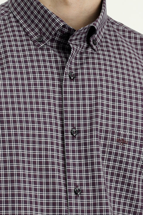 Dark Burgundy Long Sleeve Regular Fit Plaid Button-Down Collar Cotton Shirt