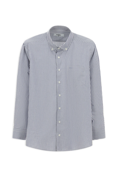 Medium Navy Long Sleeve Regular Fit Striped Button-Down Collar Cotton Easy-Iron Shirt