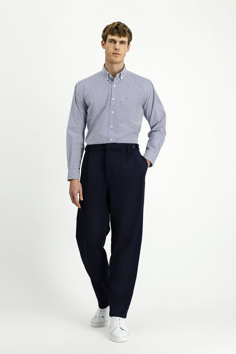 Medium Navy Long Sleeve Regular Fit Striped Button-Down Collar Cotton Easy-Iron Shirt