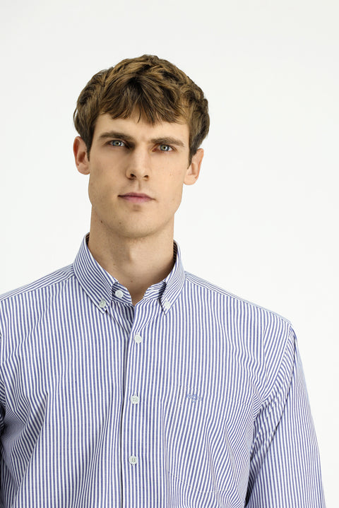 Medium Navy Long Sleeve Regular Fit Striped Button-Down Collar Cotton Easy-Iron Shirt