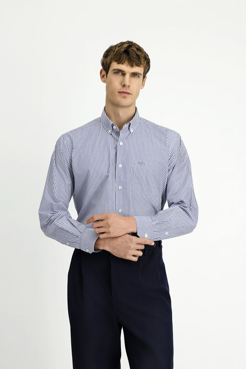 Medium Navy Long Sleeve Regular Fit Striped Button-Down Collar Cotton Easy-Iron Shirt