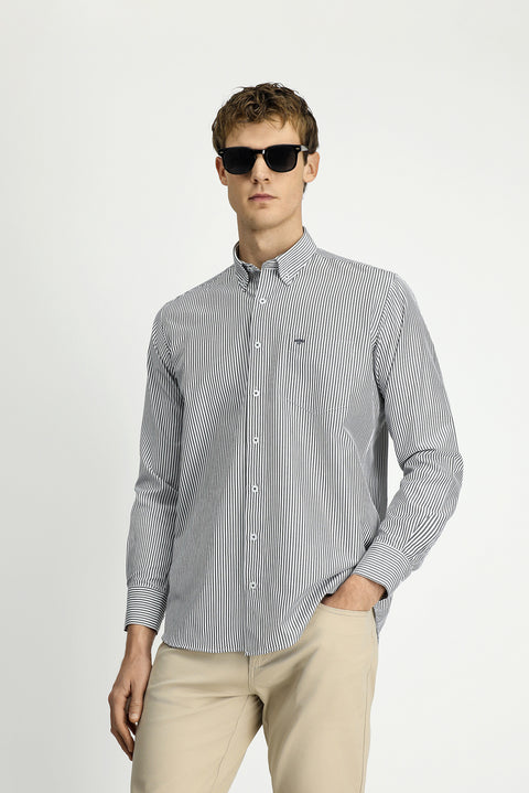 Light Anthracite Long Sleeve Regular Fit Striped Button-Down Collar Cotton Easy-Iron Shirt