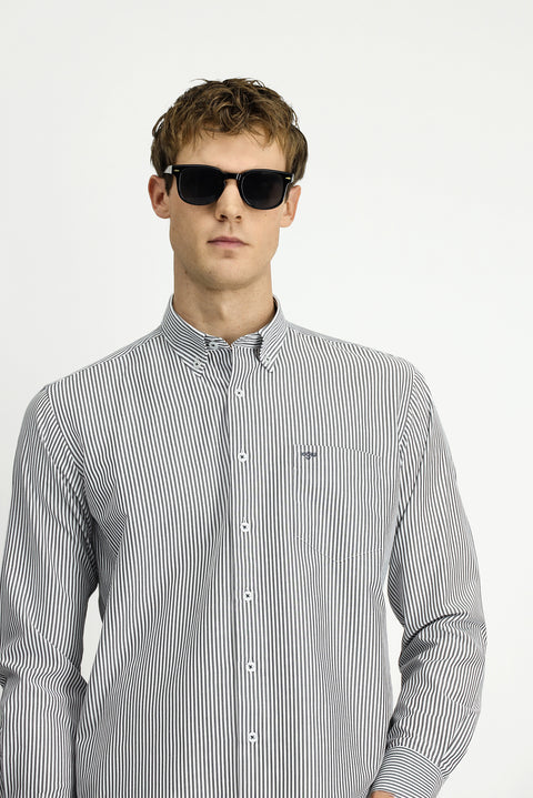 Light Anthracite Long Sleeve Regular Fit Striped Button-Down Collar Cotton Easy-Iron Shirt