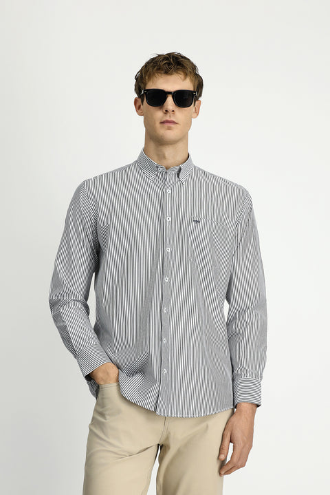 Light Anthracite Long Sleeve Regular Fit Striped Button-Down Collar Cotton Easy-Iron Shirt