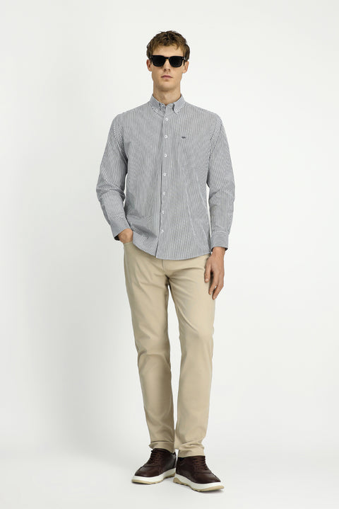 Light Anthracite Long Sleeve Regular Fit Striped Button-Down Collar Cotton Easy-Iron Shirt