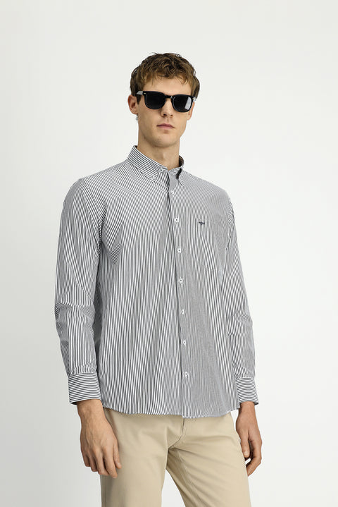 Light Anthracite Long Sleeve Regular Fit Striped Button-Down Collar Cotton Easy-Iron Shirt