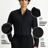 Siyah Techno-Line Uzun Kol Slim Fit Dar Kesim Klasik Likralı Gömlek