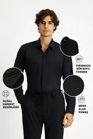  Siyah Techno-Line Uzun Kol Slim Fit Dar Kesim Klasik Likralı Gömlek