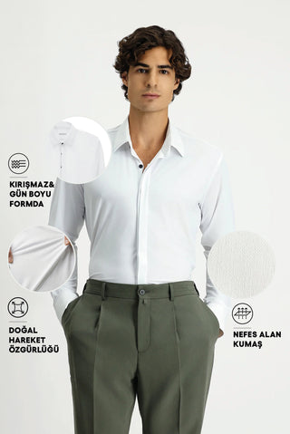  Beyaz Techno-Line Uzun Kol Slim Fit Dar Kesim Klasik Likralı Gömlek