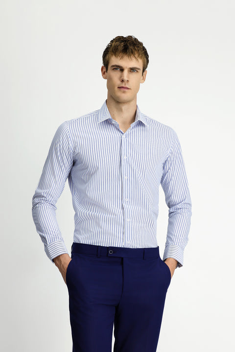 Mavi Uzun Kol Klasik Slim Fit Dar Kesim Pamuklu Kolay Ütülenebilir Çizgili Gömlek