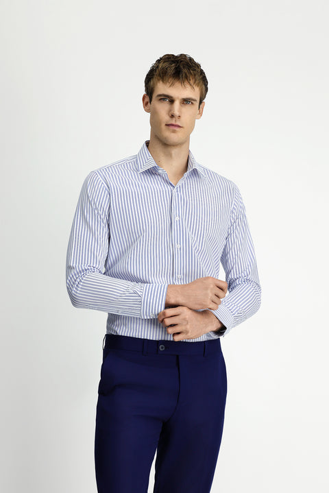 Mavi Uzun Kol Klasik Slim Fit Dar Kesim Pamuklu Kolay Ütülenebilir Çizgili Gömlek