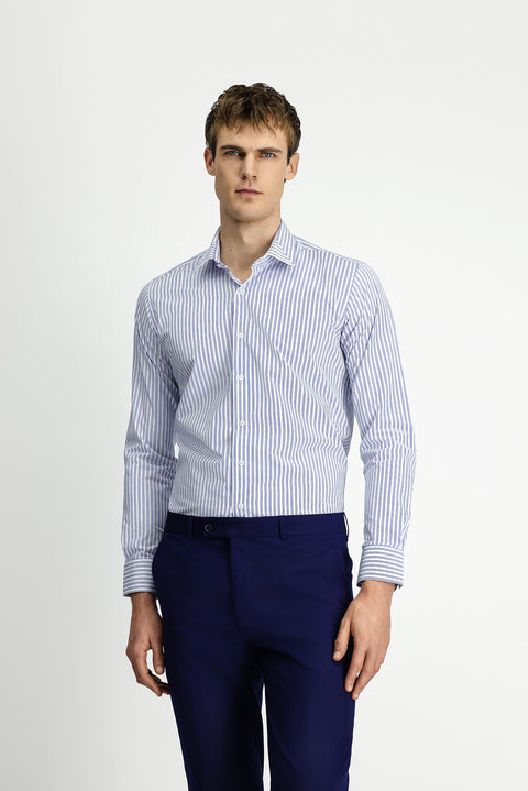 Mavi Uzun Kol Klasik Slim Fit Dar Kesim Pamuklu Kolay Ütülenebilir Çizgili Gömlek