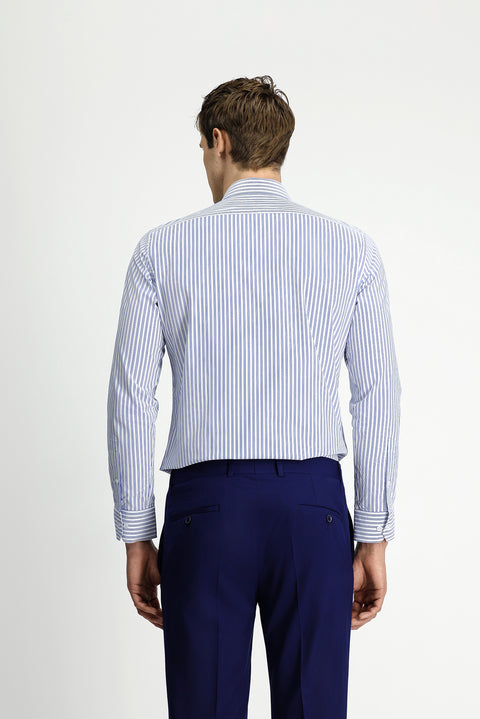 Mavi Uzun Kol Klasik Slim Fit Dar Kesim Pamuklu Kolay Ütülenebilir Çizgili Gömlek