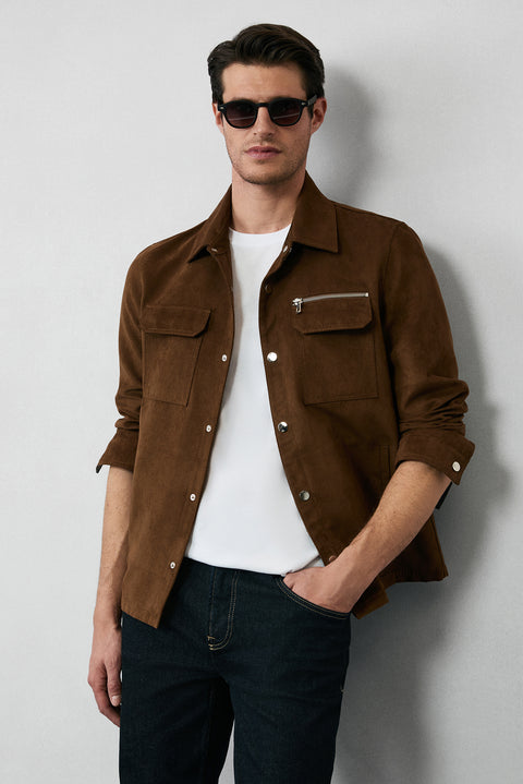 Light Brown Suede Jacket/Coat with Pockets and Snap Button Closure