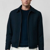 Dark Navy Shirt Collar Wool Zip-Up Bomber Jacket / Coat
