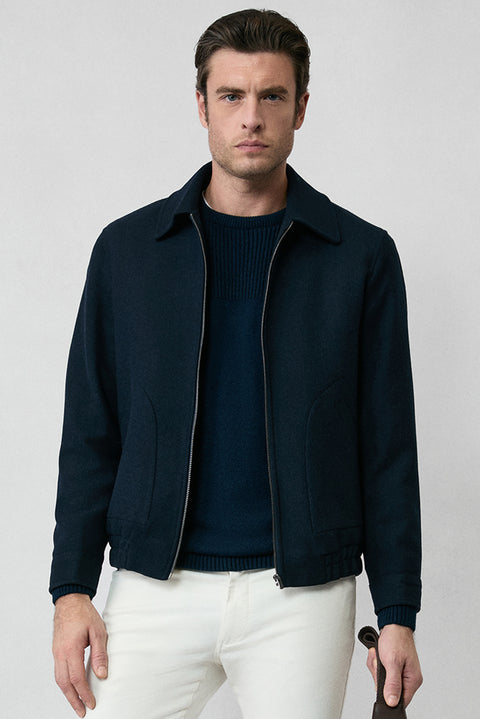Dark Navy Shirt Collar Wool Zip-Up Bomber Jacket / Coat