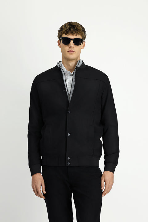 Black Slim Fit Narrow Cut Lycra Snap Button Pocket Bomber Jacket