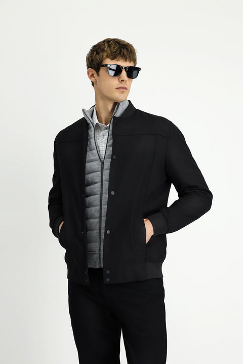 Black Slim Fit Narrow Cut Lycra Snap Button Pocket Bomber Jacket