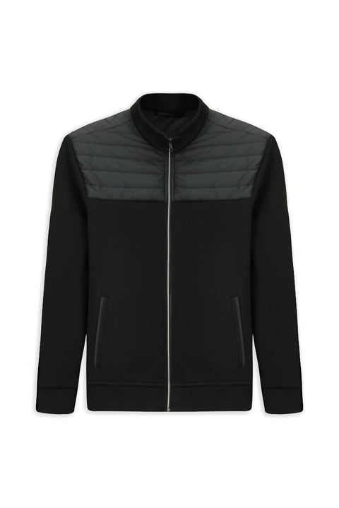 Black Stand-Up Collar Zip-Up Quilted Knit Jacket