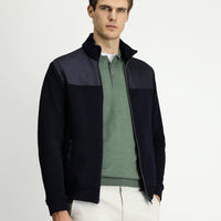Dark Navy Blue Stand-Up Collar Scuba Detail Zip-Up Knitted Jacket
