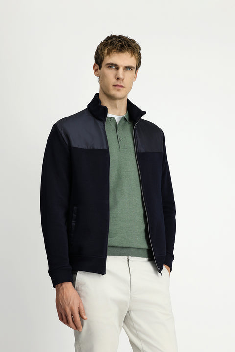 Dark Navy Blue Stand-Up Collar Scuba Detail Zip-Up Knitted Jacket