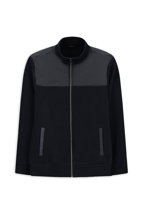 Dark Navy Blue Stand-Up Collar Scuba Detail Zip-Up Knitted Jacket