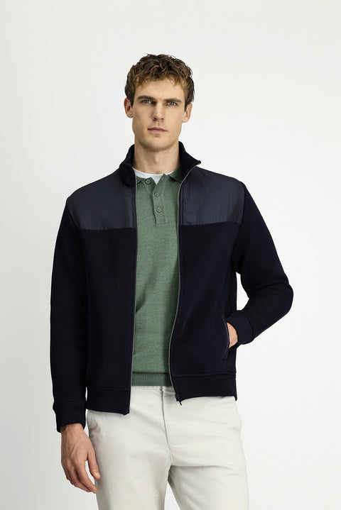 Dark Navy Blue Stand-Up Collar Scuba Detail Zip-Up Knitted Jacket