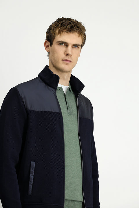 Dark Navy Blue Stand-Up Collar Scuba Detail Zip-Up Knitted Jacket