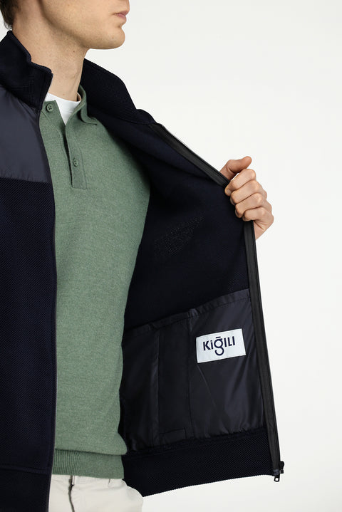 Dark Navy Blue Stand-Up Collar Scuba Detail Zip-Up Knitted Jacket