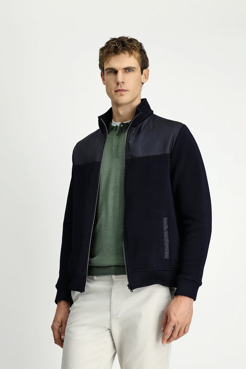 Dark Navy Blue Stand-Up Collar Scuba Detail Zip-Up Knitted Jacket