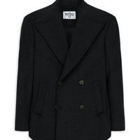 Black Pointed Collar Wool Buttoned Pocketed Warm Double-Breasted Coat