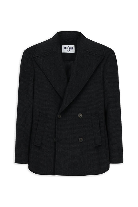 Black Pointed Collar Wool Buttoned Pocketed Warm Double-Breasted Coat