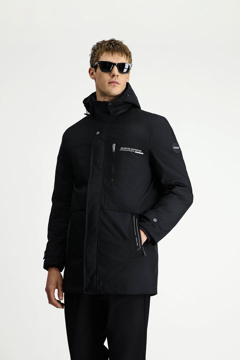 Black Hooded Sports Puffer Jacket