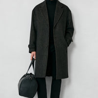 Medium Brown Oversize Extra Relaxed Fit Patterned Wool Coat with Epaulets and Pockets