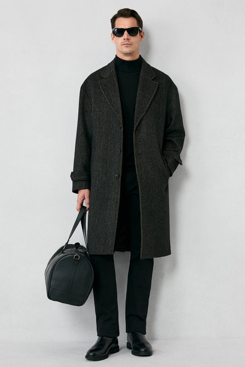Medium Brown Oversize Extra Relaxed Fit Patterned Wool Coat with Epaulets and Pockets