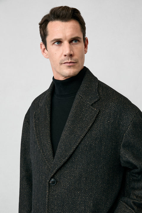 Medium Brown Oversize Extra Relaxed Fit Patterned Wool Coat with Epaulets and Pockets