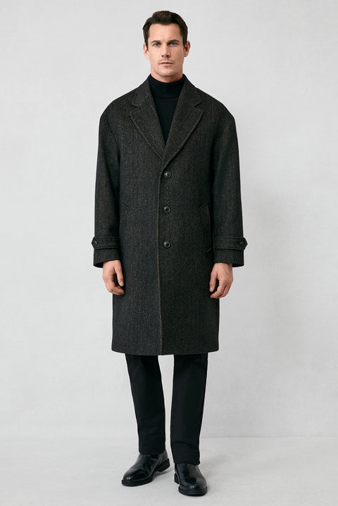 Medium Brown Oversize Extra Relaxed Fit Patterned Wool Coat with Epaulets and Pockets